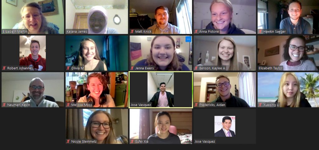 Kae James (top row, second) moderated a Zoom session as a part of her internship with the Smiley Professional Events program