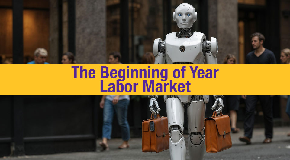 AI robot walking on a city street with two briefcases.