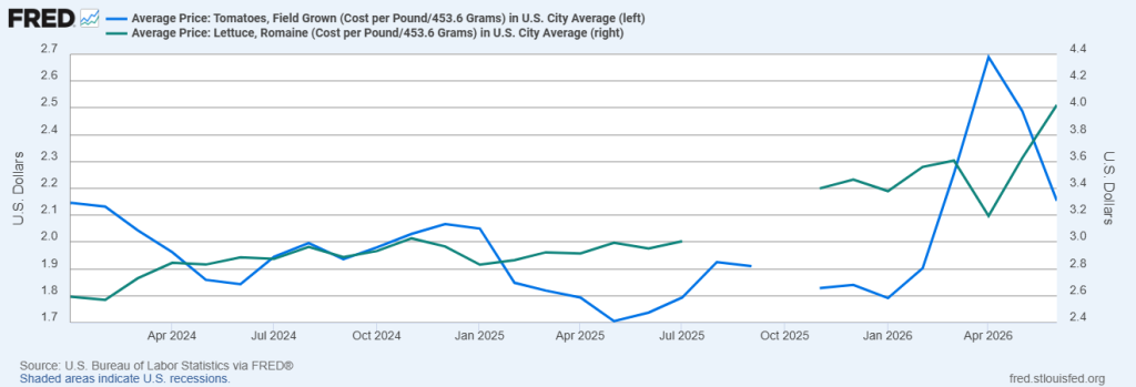 Monthly Average Price, Tomatoes (one pound) and Lettuce (one pound, Romaine)
January 2024 – June 2026